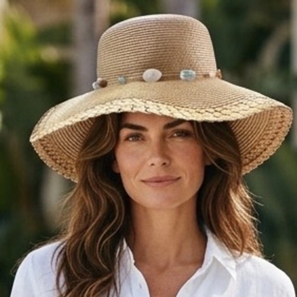 Sun N Sand Tan Straw Sun Hat Wide Brim UPF 50+ Beaded Stone Band Beach Hat Boho